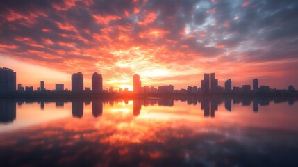 City skyline at sunset reflecting on calm water, creating a vibrant, dramatic scene.