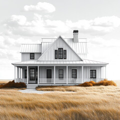 Obraz premium White farmhouse on grassy field.