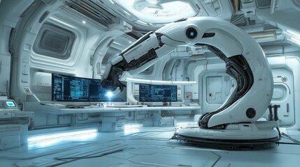 A futuristic laboratory interior featuring a robotic arm interacting with advanced computer screens in a minimalistic design