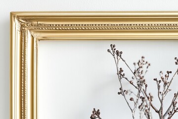 Obraz premium Gold frame, textured white wall, dried branches.