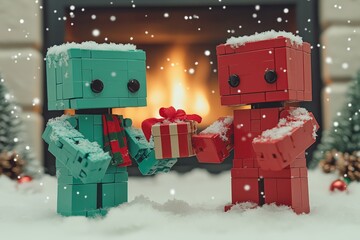 Fototapeta premium Two colorful android figures, one green and one red, exchanging a gift in a snowy setting with a fireplace in the background