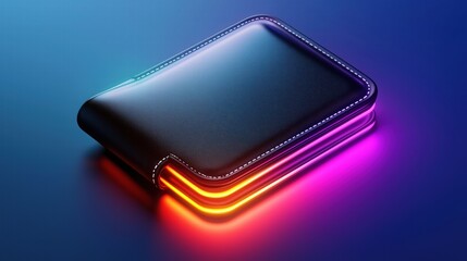 Black leather wallet with neon light accents on a gradient background. modern financial branding