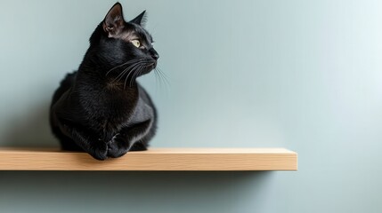 Sleek black cat perched on minimalist wooden shelf