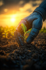 Futuristic AI hand and seeding at sunset, robot planting sapling in soil, concept of technology, nature, sprout, nurturing, environment