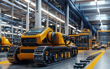 Naklejka premium A robot with caterpillar tracks transporting heavy loads across a high-tech factory floor
