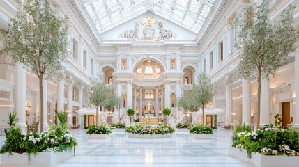 Grand, bright atrium with marble floor, columns, and lush greenery.