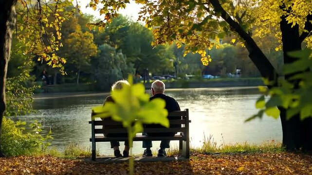 A lovely scene featuring an elderly couple sitting by the water. The tranquil environment enhances their bond. Ideal for conveying warmth and companionship. Generative AI