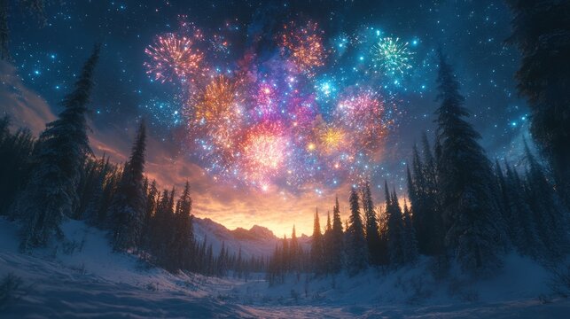 Magical winter fireworks display over snowy mountain forest at sunset.