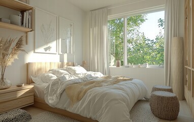 Fototapeta premium A Scandinavian bedroom with light wood furniture, white bedding, and cozy textures like wool and linen