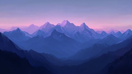 Serene mountain range with jagged peaks under glowing soft evening light