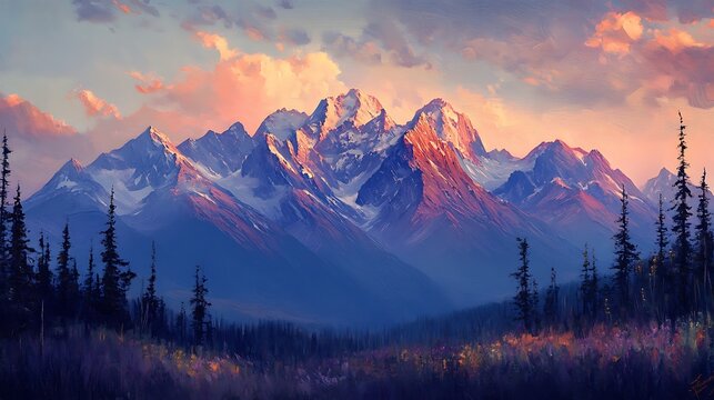 Serene mountain range with jagged peaks under glowing soft evening light