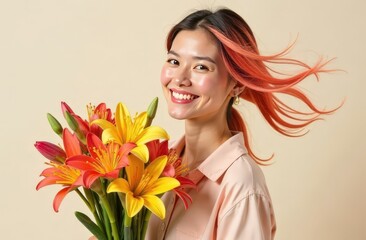 Fototapeta premium Banner with space for text, portrait of happy woman with multi-colored hair holding bouquet of flowers, airy cute shot on clean background. Women's holiday, gifts