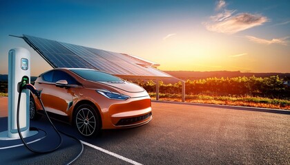 Obraz premium Generated image An electric car charging at a solar-powered charging station
