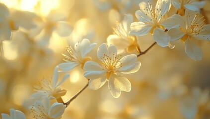Delicate white blooms illuminated by warm sunlight during golden hour in a serene natural setting