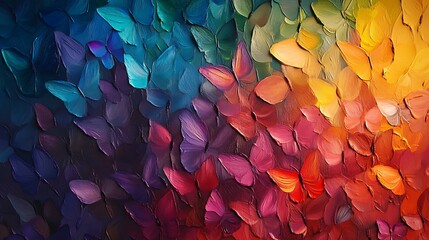 Beautiful texture background featuring a rainbow pattern of multicolored butterflies morpho in vibrant shades