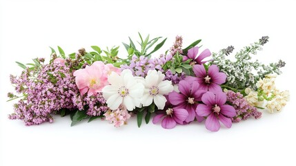A beautiful collection of colorful wildflowers arranged on a white background, highlighting the diversity and vibrancy of nature.