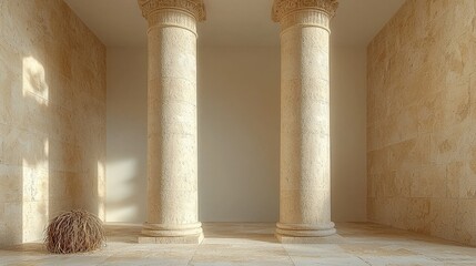 Serene stone pillars in sunlit space with natural shadows