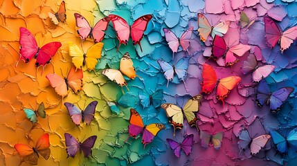 Rainbow hues blending into a textured surface with morpho butterflies in bright multicolored patterns