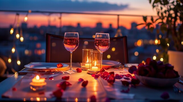 Romantic dinner setup including wine glasses and candles on a rooftop terrace for Valentine's Day. - Powered by Adobe