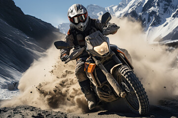 Obraz premium A motorcyclist navigates a challenging mountain path, kicking up dust. The rugged landscape and the thrill of the ride are captured in this action shot.