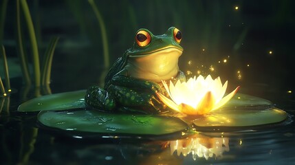 A Frog Prince Wearing a Golden Crown Made of Leaves