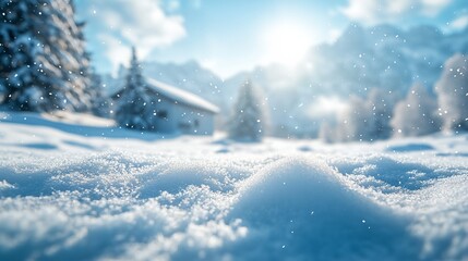 A snowy landscape with a house in the background