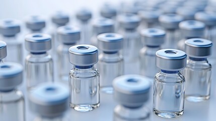 Rows of clear glass vials with silver-blue caps, symbolizing med