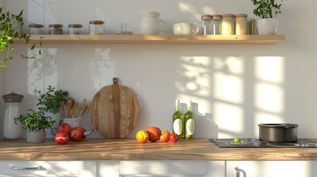 Clean and organized kitchen scene with available space for text overlay