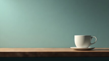 A simple white coffee cup on a wooden table with a soft green backdrop, creating a minimalist and tranquil atmosphere.