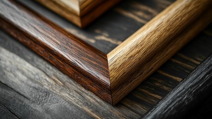Variegated wood picture frames on dark wood.