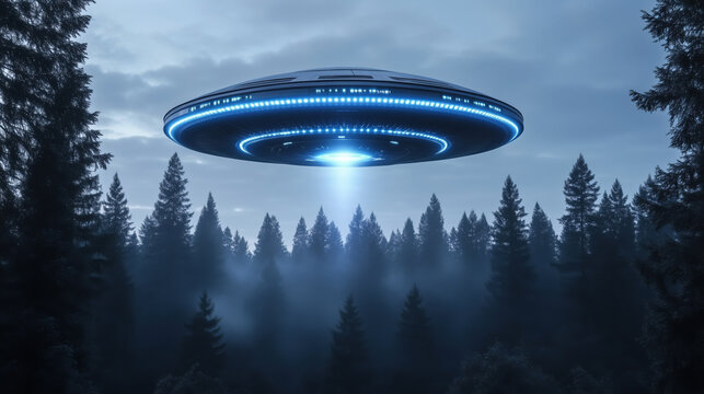 Ufo flying over conifer forest at night with blue lights