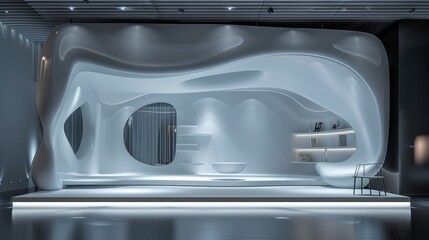 A stunning futuristic minimalist interior featuring organic shapes, sleek design elements, and ambient lighting, creating a modern and sophisticated atmosphere.