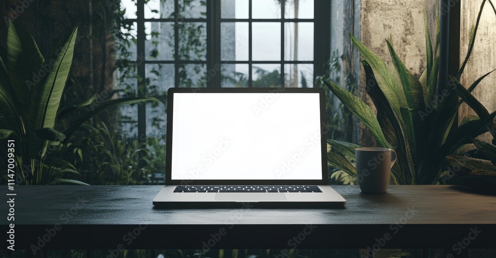 Poster a blank white screen of an open laptop on a table with plants and coffee cups, set against dark wood