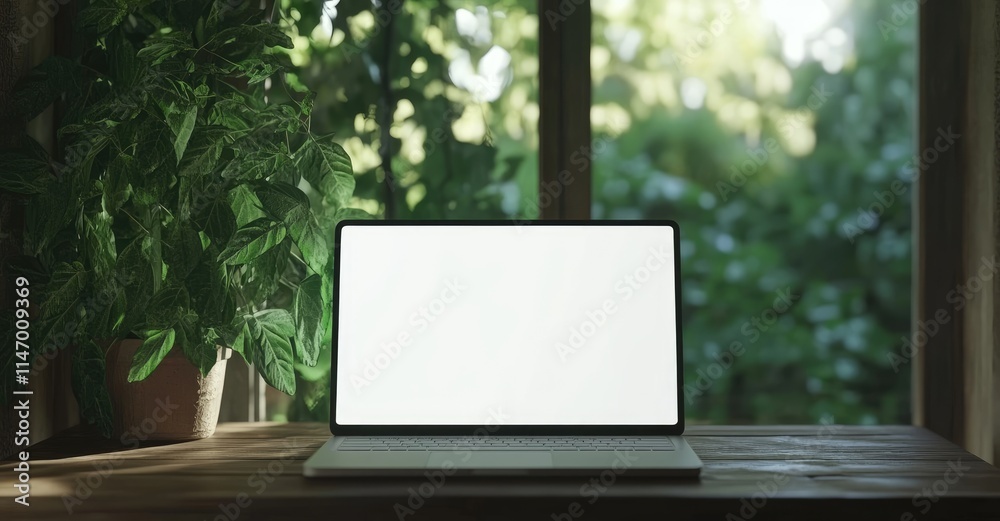 Poster a mockup of an open laptop with a blank white screen on a wooden table, sunlight streaming through a