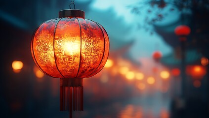 Red Lantern Glowing on a Quiet Street


