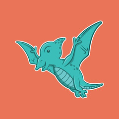 Children's cartoon pterodactyl in blue color with white border