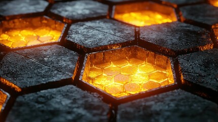 This image showcases a close-up of a honeycomb-like ground with glowing fiery elements, highlighting contrasts of light and dark textures.
