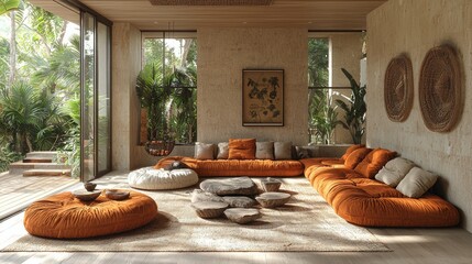 Stylish living room featuring natural decor with plush seating and tropical greenery