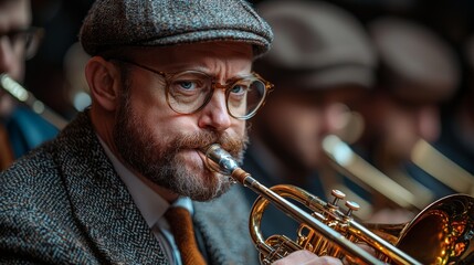Obraz premium Musician playing a brass instrument during a live orchestral performance