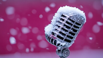 Vintage Microphone Surrounded by Snowflakes