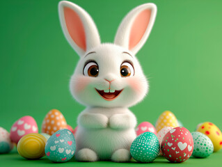 Fototapeta premium White Easter bunny with colorful eggs 
