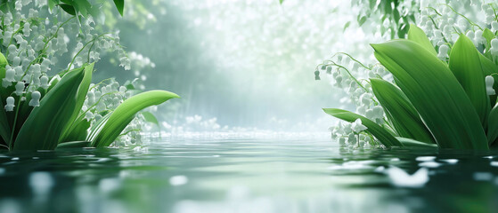 A dreamy waterscape with lily of the valley flowers and green leaves reflecting in calm water with misty atmosphere. Generative AI.