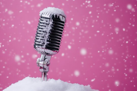 Vintage Microphone Surrounded by Winter Snow