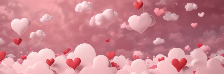 Romantic paper hearts & clouds banner, pastel pink & red, spring, sweet, pastel