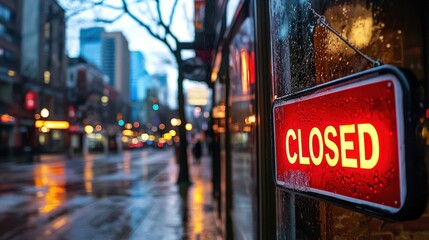 A failed business storefront with a "CLOSED" sign, empty streets, and a sense of despair in the atmosphere