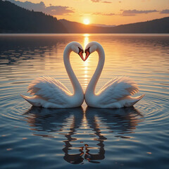 Fototapeta premium Digital illustration of two swans making a heart shape. Sunset landscape, Generative AI. 