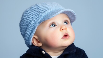A baby wearing a blue hat looking up at the sky