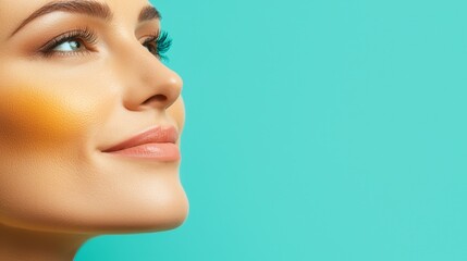 Naklejka premium A woman's face with a bright blue background