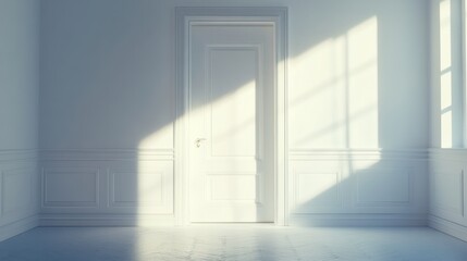 Obraz premium A white door in a bright room with sunlight streaming through the windows.