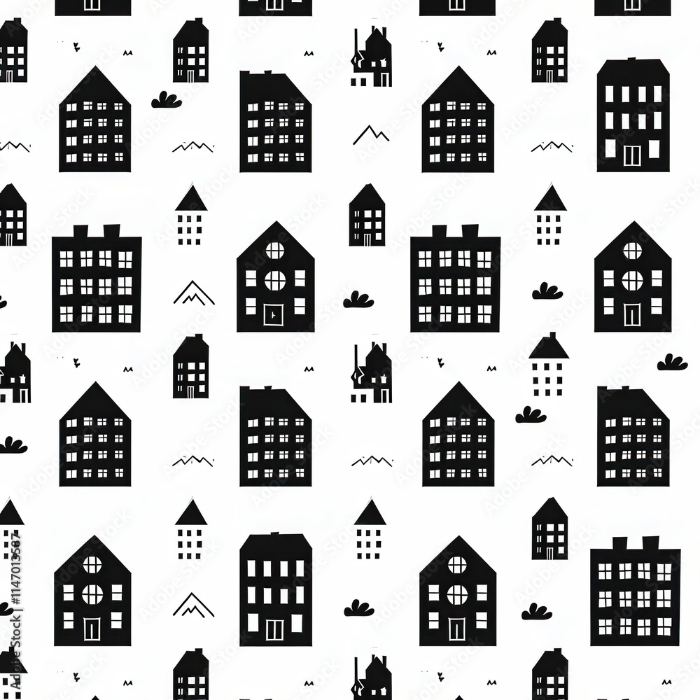 Aufkleber Black and white pattern featuring various house designs and shapes across a simple background. Generative AI